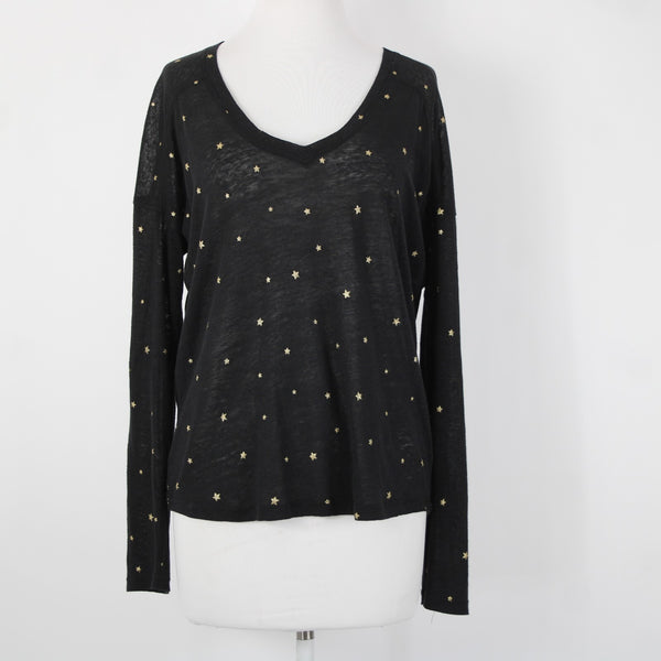 Rails Sz S Black Gold Stars V Neck Sheer Long Sleeve Linen Lyocell Tencel Top