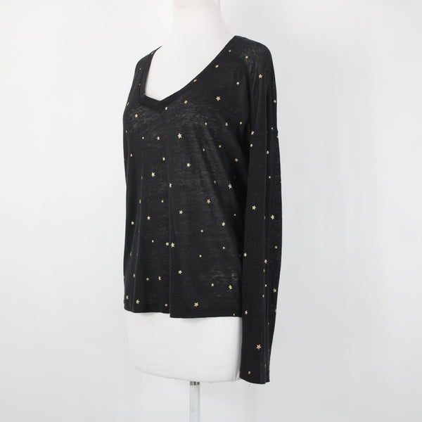 Rails Sz S Black Gold Stars V Neck Sheer Long Sleeve Linen Lyocell Tencel Top