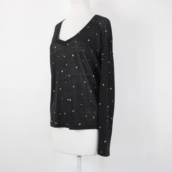 Rails Sz S Black Gold Stars V Neck Sheer Long Sleeve Linen Lyocell Tencel Top