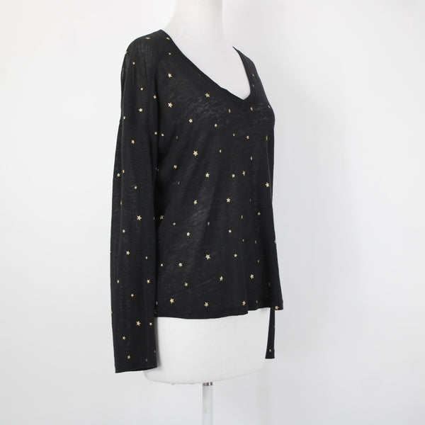 Rails Sz S Black Gold Stars V Neck Sheer Long Sleeve Linen Lyocell Tencel Top