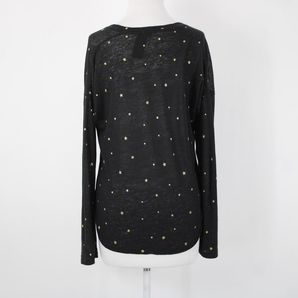 Rails Sz S Black Gold Stars V Neck Sheer Long Sleeve Linen Lyocell Tencel Top