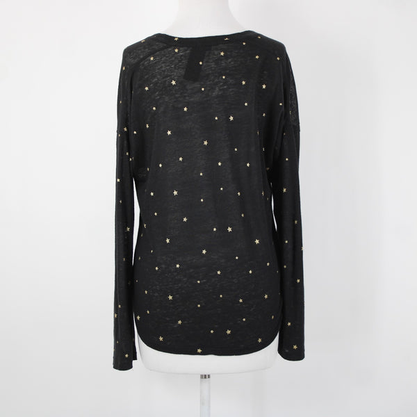 Rails Sz S Black Gold Stars V Neck Sheer Long Sleeve Linen Lyocell Tencel Top