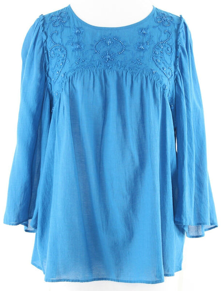 LOFT NEW $65 Sz S Blue Beaded Embroidered Rayon Cotton Blend Top