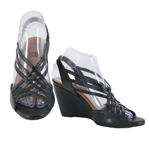 Coclico Sz 38 Dark Gray Green Black Strappy Open Toe Leather 3.5" Wedge
