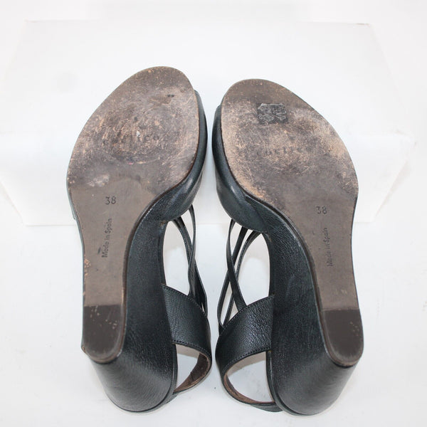 Coclico Sz 38 Dark Gray Green Black Strappy Open Toe Leather 3.5" Wedge
