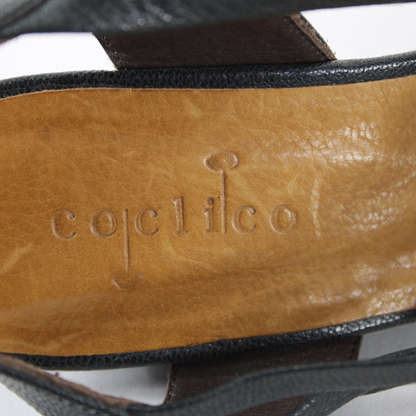 Coclico Sz 38 Dark Gray Green Black Strappy Open Toe Leather 3.5" Wedge