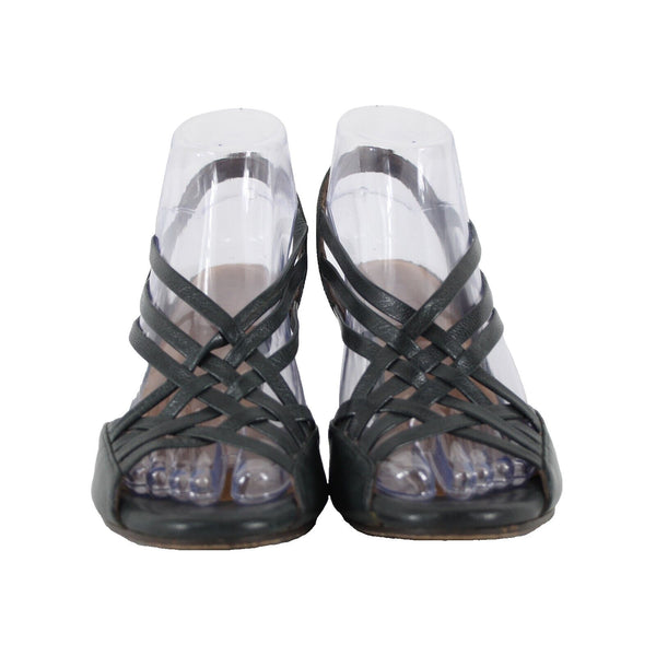 Coclico Sz 38 Dark Gray Green Black Strappy Open Toe Leather 3.5" Wedge