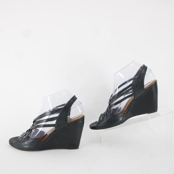 Coclico Sz 38 Dark Gray Green Black Strappy Open Toe Leather 3.5" Wedge