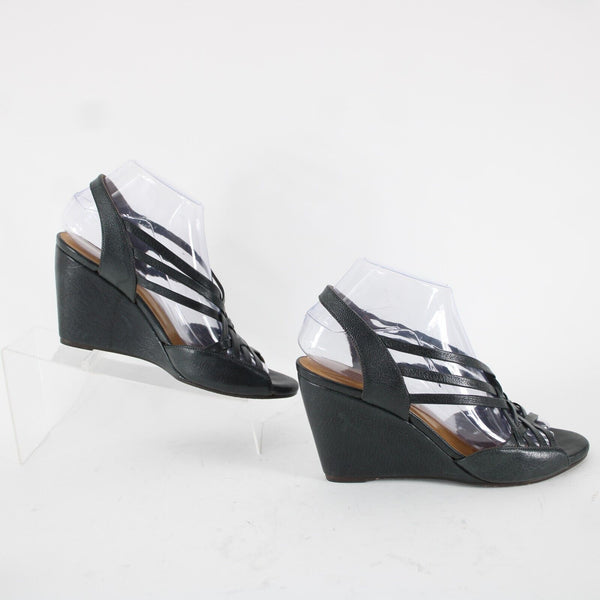 Coclico Sz 38 Dark Gray Green Black Strappy Open Toe Leather 3.5" Wedge