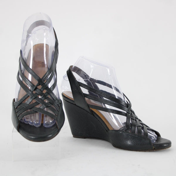 Coclico Sz 38 Dark Gray Green Black Strappy Open Toe Leather 3.5" Wedge