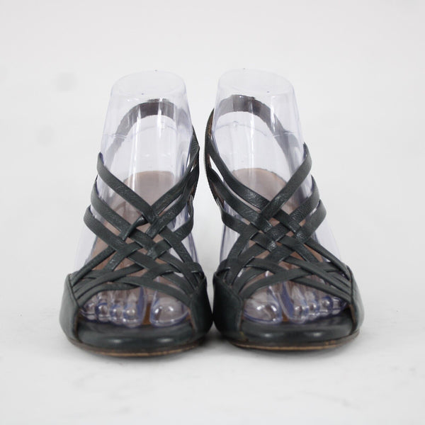Coclico Sz 38 Dark Gray Green Black Strappy Open Toe Leather 3.5" Wedge