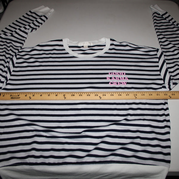 Spiritual Gangsta Sz XL White Navy Blue Stripe Good Karma Crew Polyester Sweater