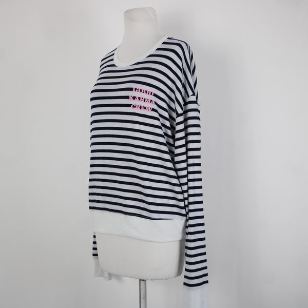 Spiritual Gangsta Sz XL White Navy Blue Stripe Good Karma Crew Polyester Sweater