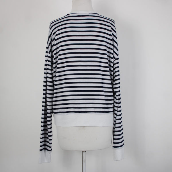 Spiritual Gangsta Sz XL White Navy Blue Stripe Good Karma Crew Polyester Sweater