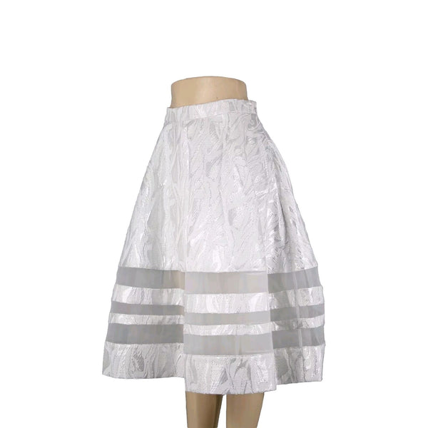 Bebe NEW $129 Sz 8 Silver White Lined Metallic Tweed Midi Poly Nylon Skirt