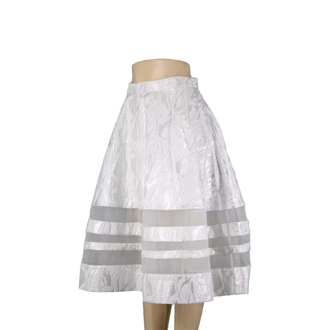 Bebe NEW $129 Sz 8 Silver White Lined Metallic Tweed Midi Poly Nylon Skirt