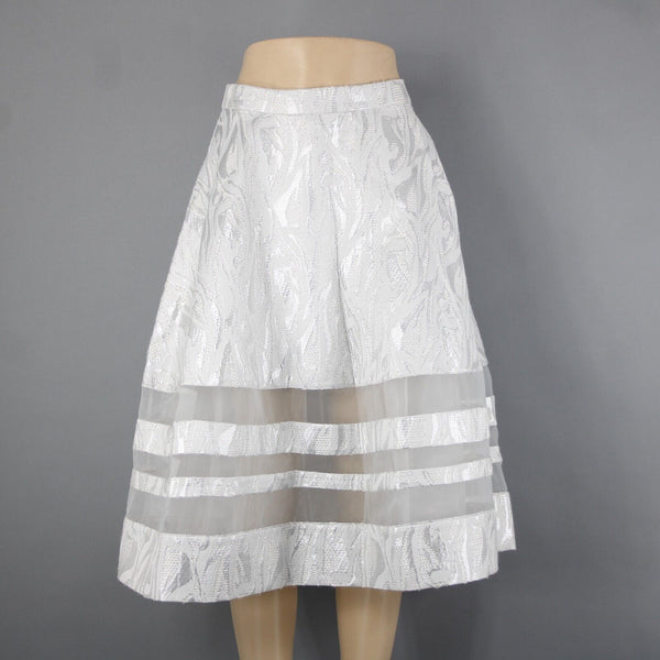 Bebe NEW $129 Sz 8 Silver White Lined Metallic Tweed Midi Poly Nylon Skirt