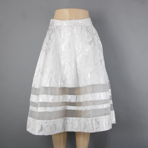 Bebe NEW $129 Sz 8 Silver White Lined Metallic Tweed Midi Poly Nylon Skirt
