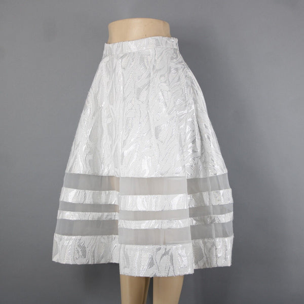 Bebe NEW $129 Sz 8 Silver White Lined Metallic Tweed Midi Poly Nylon Skirt