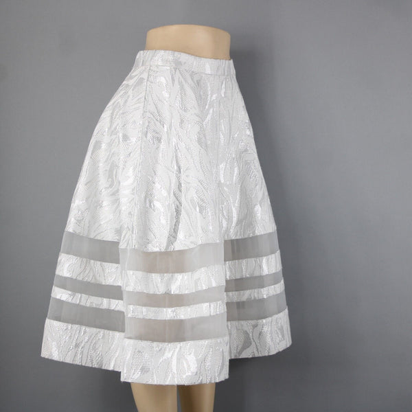 Bebe NEW $129 Sz 8 Silver White Lined Metallic Tweed Midi Poly Nylon Skirt