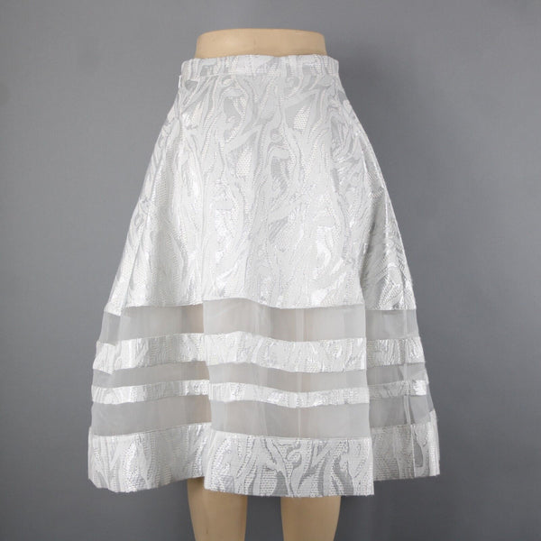 Bebe NEW $129 Sz 8 Silver White Lined Metallic Tweed Midi Poly Nylon Skirt