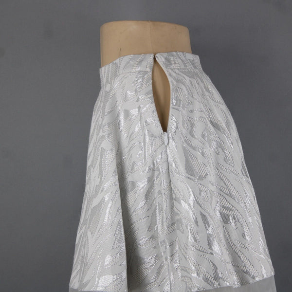 Bebe NEW $129 Sz 8 Silver White Lined Metallic Tweed Midi Poly Nylon Skirt