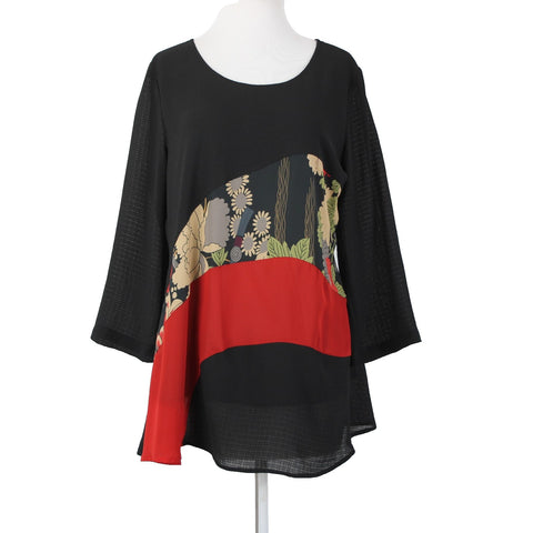 Lindi NEW $129 Sz S Black Red Multi Color Sheer Tunic 100% Polyester Top