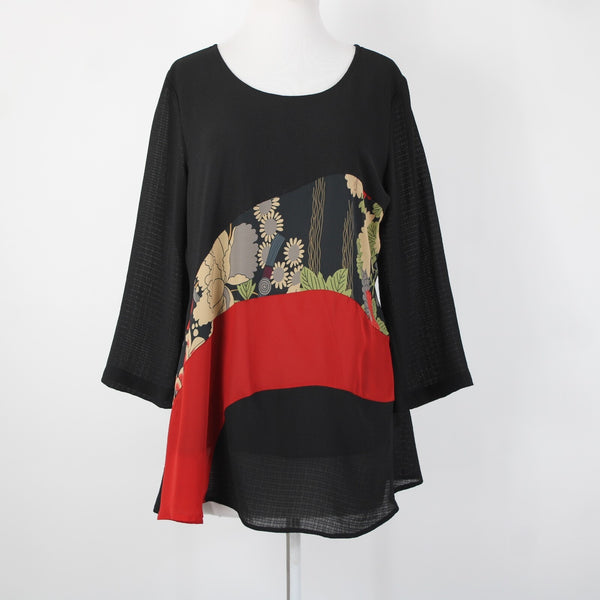 Lindi NEW $129 Sz S Black Red Multi Color Sheer Tunic 100% Polyester Top