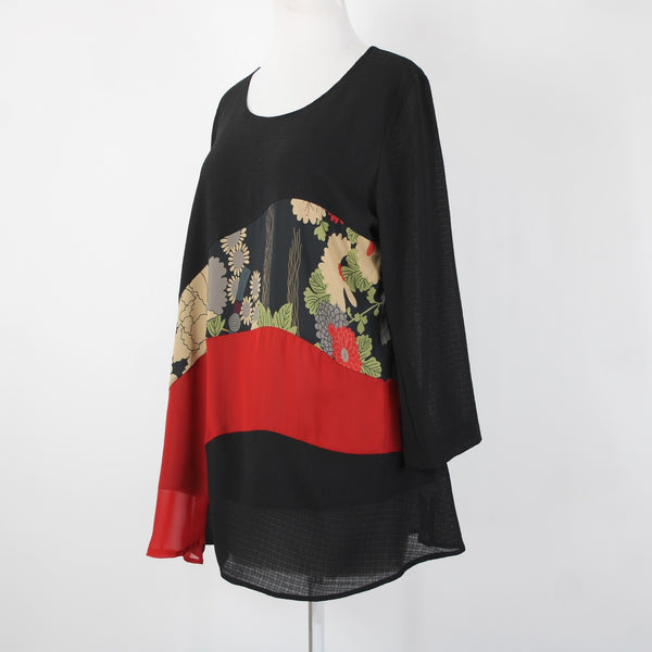 Lindi NEW $129 Sz S Black Red Multi Color Sheer Tunic 100% Polyester Top