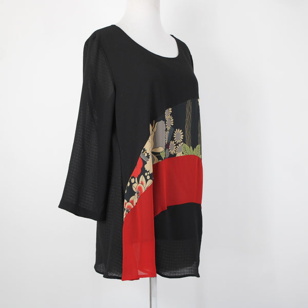 Lindi NEW $129 Sz S Black Red Multi Color Sheer Tunic 100% Polyester Top
