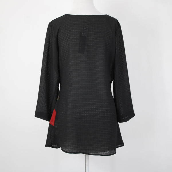Lindi NEW $129 Sz S Black Red Multi Color Sheer Tunic 100% Polyester Top