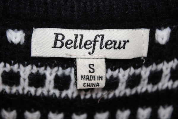 Bellefleur Sz S Black White Chiffon Trim Snap Up Acrylic Knit Cardigan