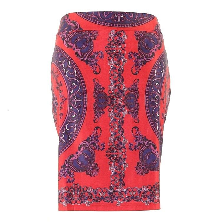 INC Sz 8 Red Purple Gray Print Polyester Spandex Pencil Straight Skirt