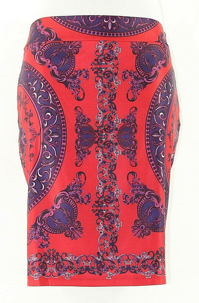 INC Sz 8 Red Purple Gray Print Polyester Spandex Pencil Straight Skirt