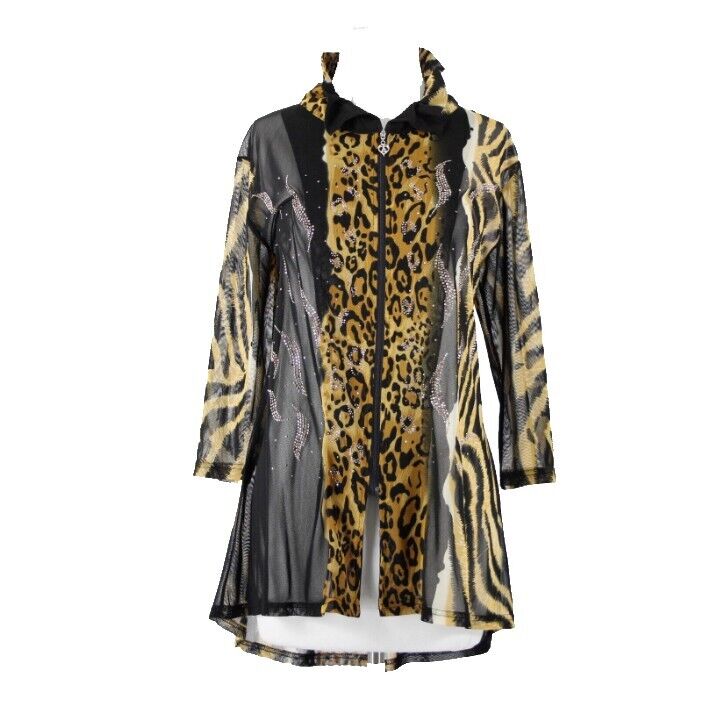 Valentina Sz L Brown Black Animal Print Studded Collared Mesh 100% Poly Cardigan