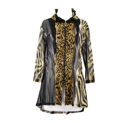 Valentina Sz L Brown Black Animal Print Studded Collared Mesh 100% Poly Cardigan