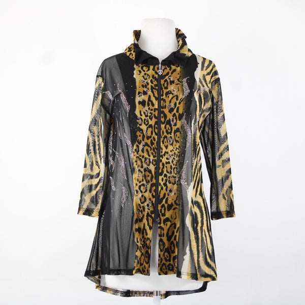 Valentina Sz L Brown Black Animal Print Studded Collared Mesh 100% Poly Cardigan