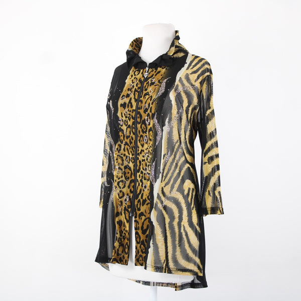 Valentina Sz L Brown Black Animal Print Studded Collared Mesh 100% Poly Cardigan