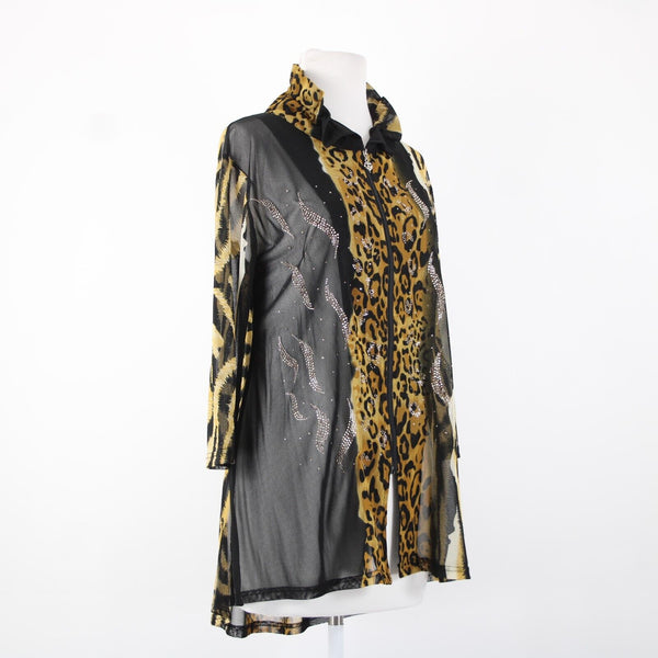 Valentina Sz L Brown Black Animal Print Studded Collared Mesh 100% Poly Cardigan