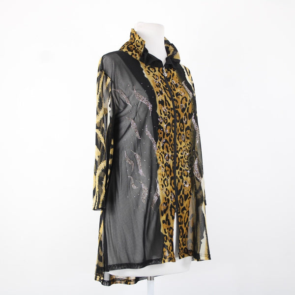 Valentina Sz L Brown Black Animal Print Studded Collared Mesh 100% Poly Cardigan
