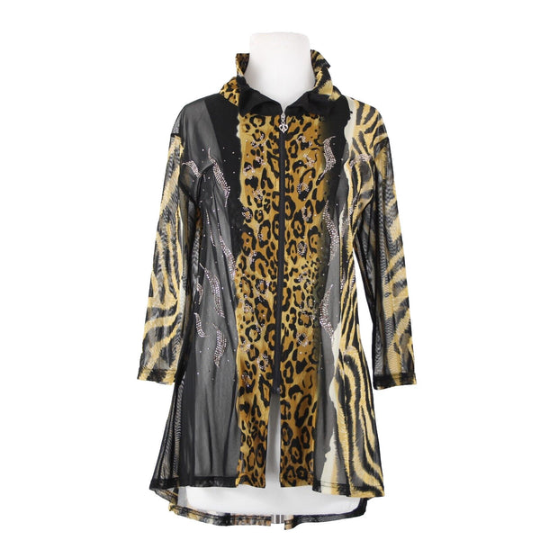 Valentina Sz L Brown Black Animal Print Studded Collared Mesh 100% Poly Cardigan