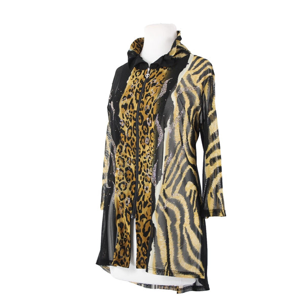 Valentina Sz L Brown Black Animal Print Studded Collared Mesh 100% Poly Cardigan