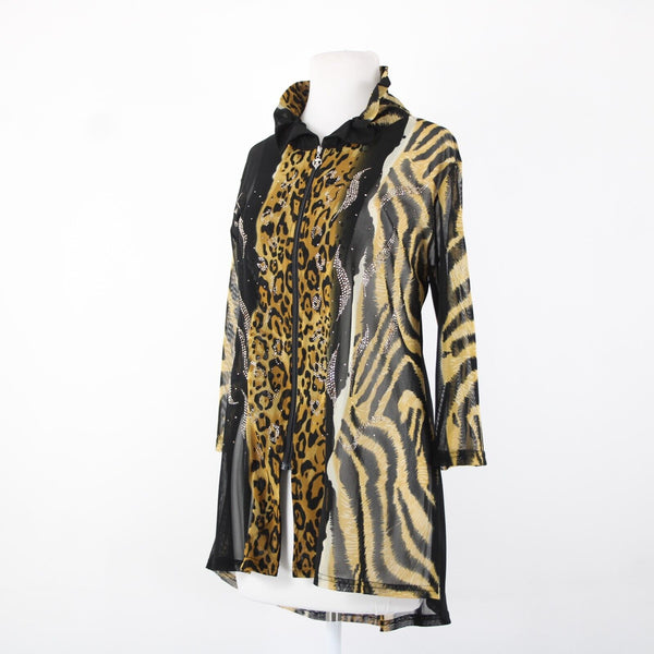 Valentina Sz L Brown Black Animal Print Studded Collared Mesh 100% Poly Cardigan