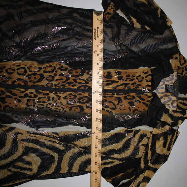 Valentina Sz L Brown Black Animal Print Studded Collared Mesh 100% Poly Cardigan