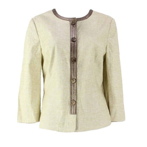 Worth Sz 10 Beige Linen Bronze Metallic Leather Trim Pocketed Blazer Jacket