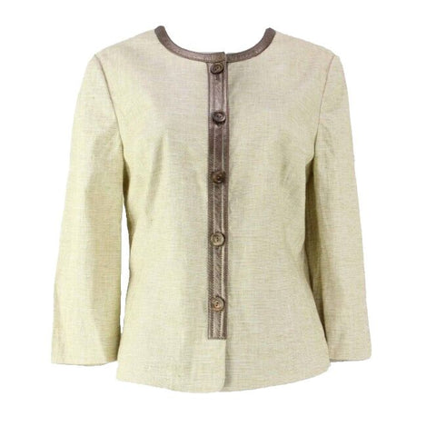 Worth Sz 10 Beige Linen Bronze Metallic Leather Trim Pocketed Blazer Jacket