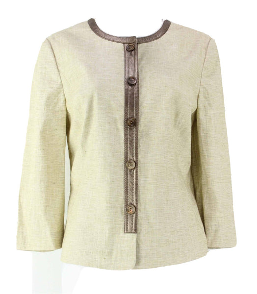 Worth Sz 10 Beige Linen Bronze Metallic Leather Trim Pocketed Blazer Jacket