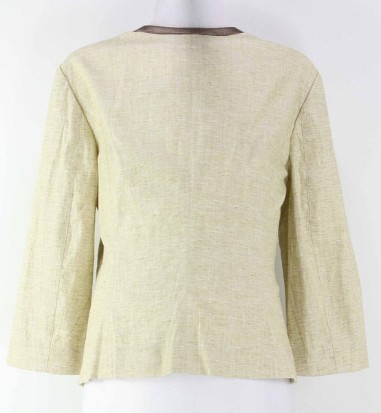 Worth Sz 10 Beige Linen Bronze Metallic Leather Trim Pocketed Blazer Jacket