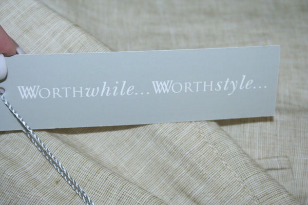 Worth Sz 10 Beige Linen Bronze Metallic Leather Trim Pocketed Blazer Jacket