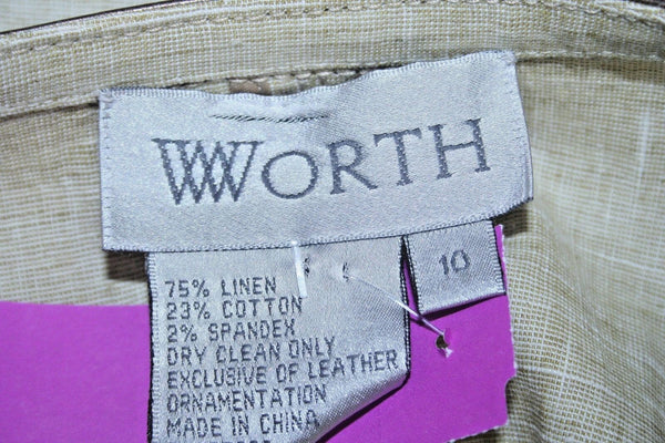 Worth Sz 10 Beige Linen Bronze Metallic Leather Trim Pocketed Blazer Jacket